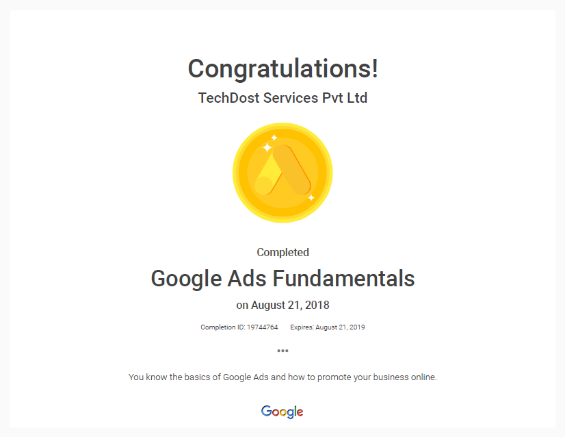 Google Ads Fundamentals Certificate TechDost