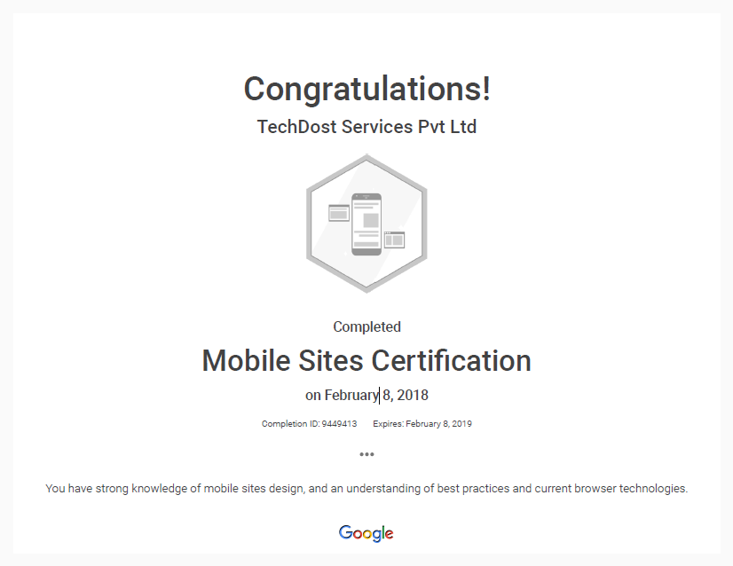 Mobile Site Certificate TechDost